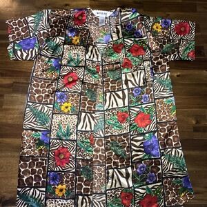 Winlar Button Down Animal Print Women's‎ L Pockets Short Sleeve Robe Kaftan Top